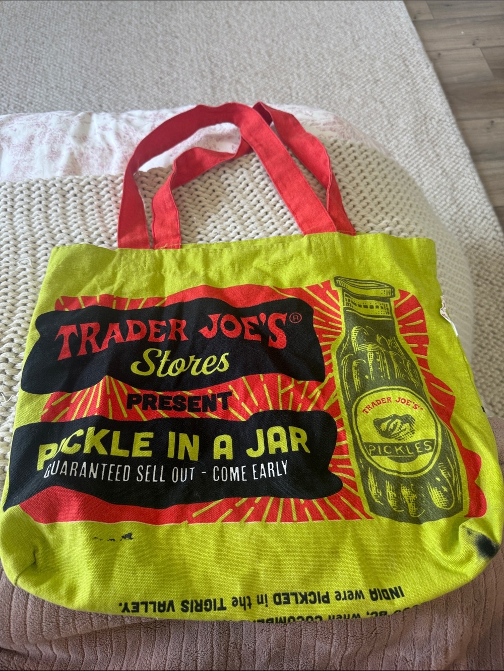 Trader Joe's Lime Green & Red Pickle in a Jar Tote
